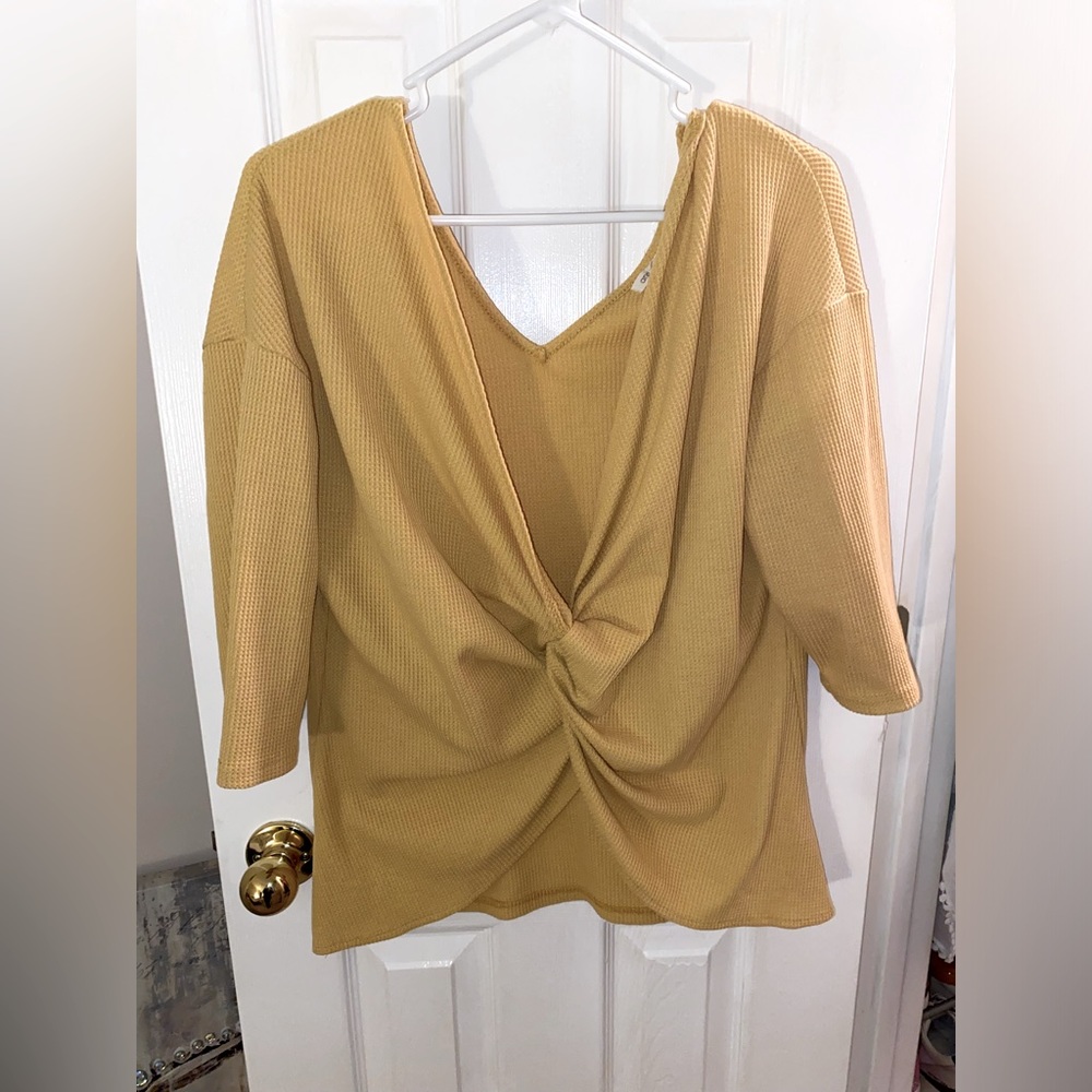 Yellow waffle knit mid length sleeve shirt
